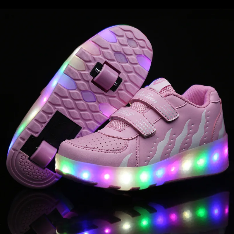 Детский светодиодный роликовый скейт обувь с одним/двумя колесами светящиеся Jazzy Junior детские кроссовки для взрослых мальчиков и девочек - Цвет: Pink White 2 Wheels