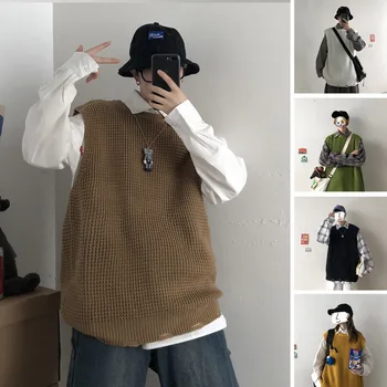 

2019 Early Autumn New Korean Version Of The Couple Chinese Style Loose Men's Solid Color Casual Vest Sweater
