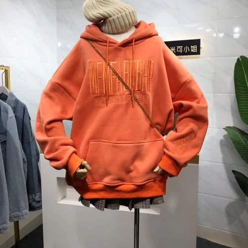 orange Новые осенние/зимние корейские студенческие рубашки с капюшоном с вышитыми буквами свободные BF пары плюс бархатные толстовки повседневные топы - Цвет: orange