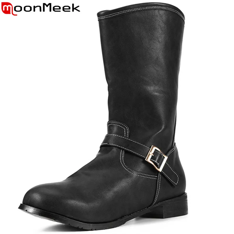 

MoonMeek 2020 new autumn winter boots round toe slip on mid calf boots ned heels ladies prom boots plus size 34-48
