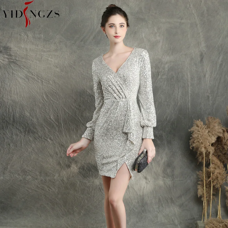 

YIDINGZS Short Sequins Evening Dresses Elegant Long Sleeve Evening Party Dress