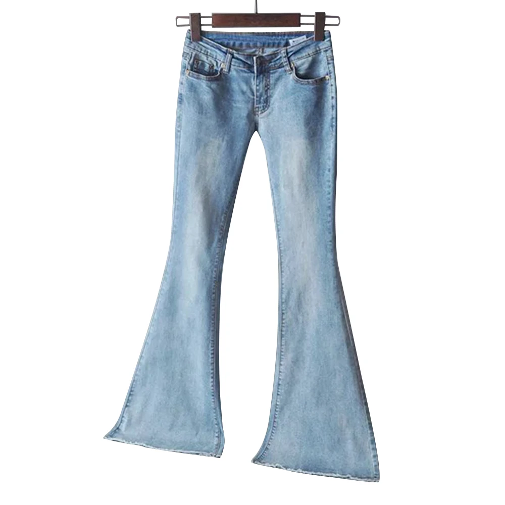 Новинка, весенние женские синие расклешенные джинсы со средней талией, женские сексуальные тянущиеся джинсы, модные широкие джинсовые брюки