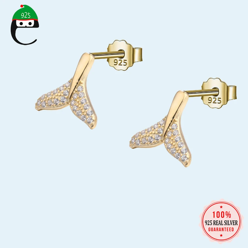 ElfoPlataSi, серьги-гвоздики из натуральной 925 пробы, серебряные, милые, золотые, ослепительные, CZ, хвост русалки, для женщин, свадебные ювелирные изделия, подарок DS1815