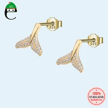 ElfoPlataSi, серьги-гвоздики из натуральной 925 пробы, серебряные, милые, золотые, ослепительные, CZ, хвост русалки, для женщин, свадебные ювелирные изделия, подарок DS1815
