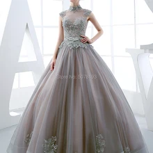 7201высокая Шея с коротким рукавом натуральный бальное платье длиной до пола Тюль взрослая церемония платья/Формальные платья аппликация и бисером и пояс Горячая Распродажа