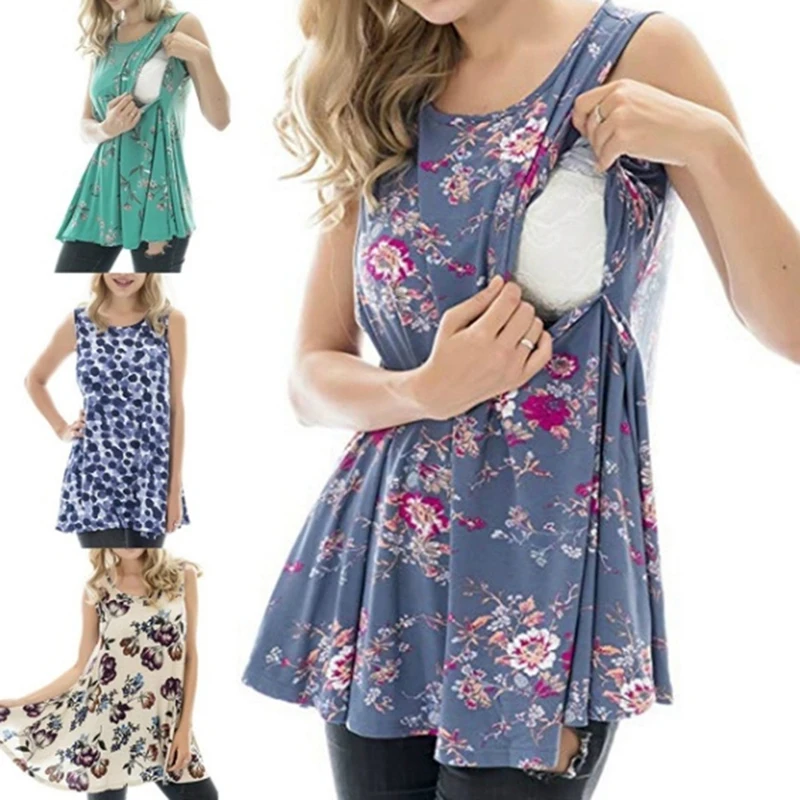 

2019 Women's Maternity Tops Sleeveless Bottom Breastfeeding Flowers Print Pregnant Women T-shirts Breastfeeding Tops