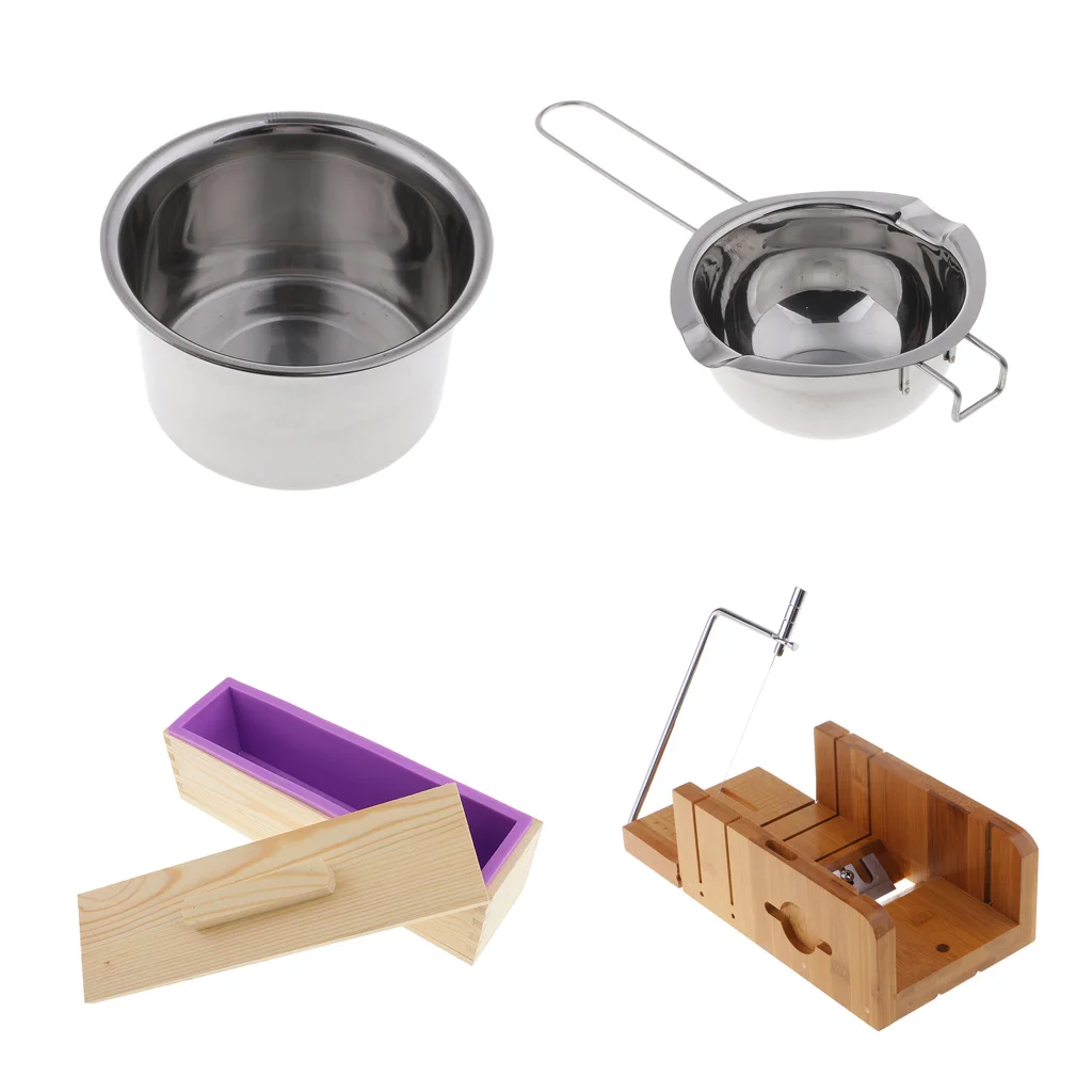 4x Wood Stainless Steel Soap Cutter with Beveler & Wire Slicer + Rectangle Silicone Soap Making Loaf Mould 900ml + Double Boiler