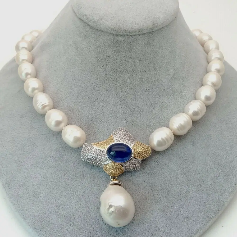 

22.5'' Cultured White Rice Pearl Necklace Keshi Pearl Cz pendant