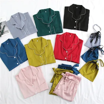 

2020 Autumn New Pajamas Women's Spring Silk Thin Section Summer Long-Sleeve Pants With Pocket Ice Silk 3Pcs Suit Home Service
