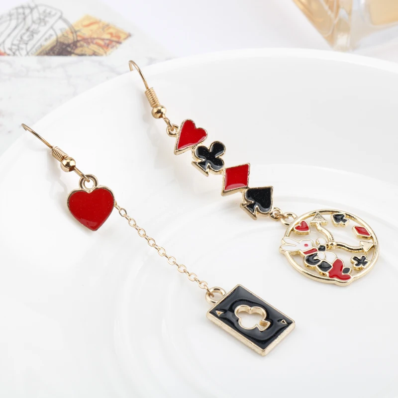 Animal Earrings Alice in wonderland Metal Enamel Rabbit Clock Poker Cartoon Icon Party Jewelry For Girl Women Gift
