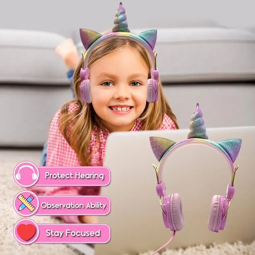 Cute Unicorn Wired Headphone With Microphone Music Stereo Earphone Computer Mobile Phone Headset Kids Gift