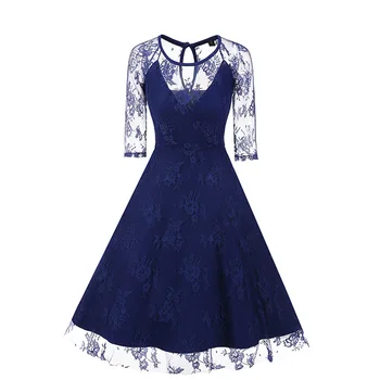 

2019 Summer New Style Europe And America Foreign Trade Sexy Transparent Contrast Color Lace Joint Deep-V Mesh Dress CD1553
