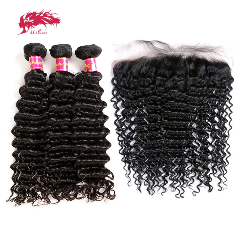 3 шт. бразильские человеческие волосы Remy пряди глубоких волн с фронтальной Ali Queen