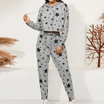 

2pcs Women Pajamas Set Hoodies Crop Top Sweatshirt+Long Pants Hooded Stars Print Tracksuit Sets Women Clothing Suits Female