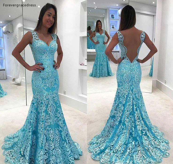 Дешевые спинки Синий кружевной Prom Dress Mermaid V образным вырезом без рукавов формальная праздничная одежда на День независимости США, вечерние платья изготовление на заказ; Большие размеры
