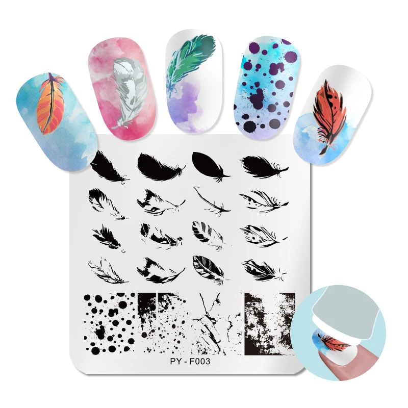 

PICT YOU Square Nail Stamping Plate Overprint Feather Patterns Stainless Steel Printing Stamp Nail Art Design Stencil Tools F003