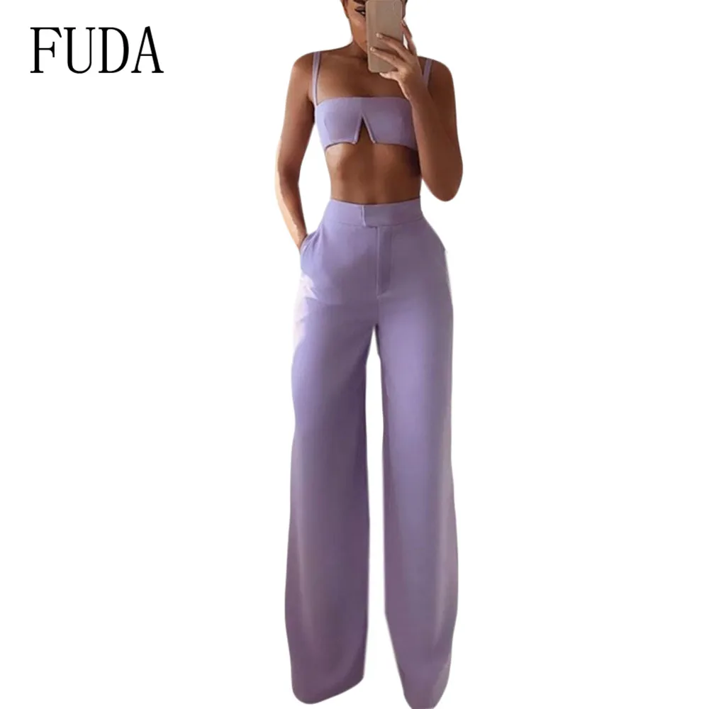 

FUDA Summer Ladies Fashion Suits Work Short Top + Loose Pants Sets for Woman Casual Two Pieces Sets Sexy Sleeveless Jumpsuits