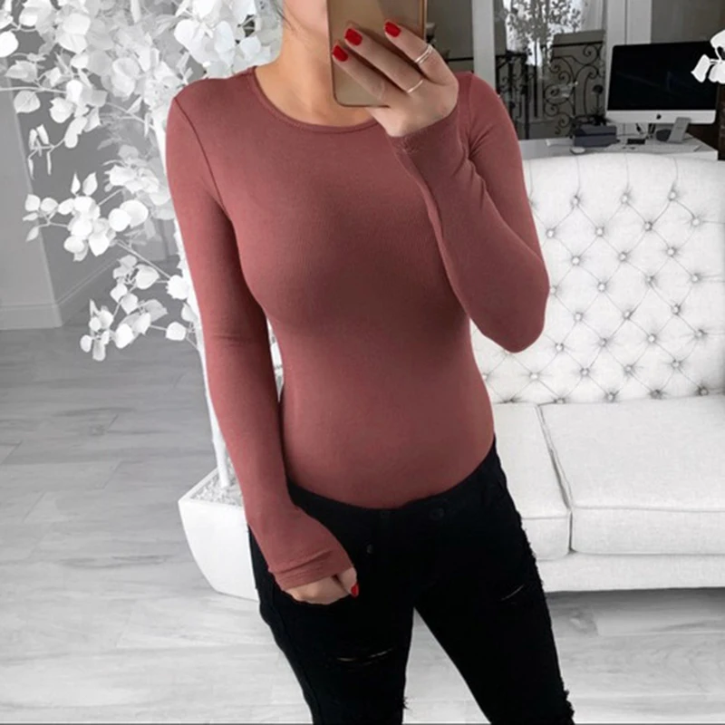 

Spring Women Slim Fit Solid Daily Jumpsuit Ladies Long Sleeve Casual Bodycon Bodysuit Femme Autumn Crew Neck Bodysuit