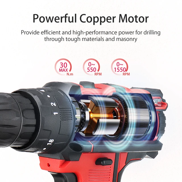 21V Cordless Electric Screwdriver Hammer Drill 18+3 Torque.