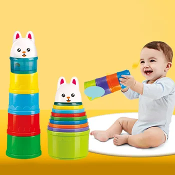 

9 Pcs/set Mini Bear Stack Cup Educational Baby Toys Folding Tower Funny Piles Cup Rainbow Color Figures Letter Toy for Kids
