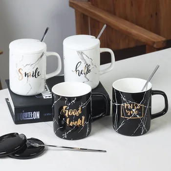 

Practical Nordic Marbling Ceramic Mug Simple Gift Lovers Water Cup with Cover Spoon Coffee Cup Cute Coffee Mugs and Cups