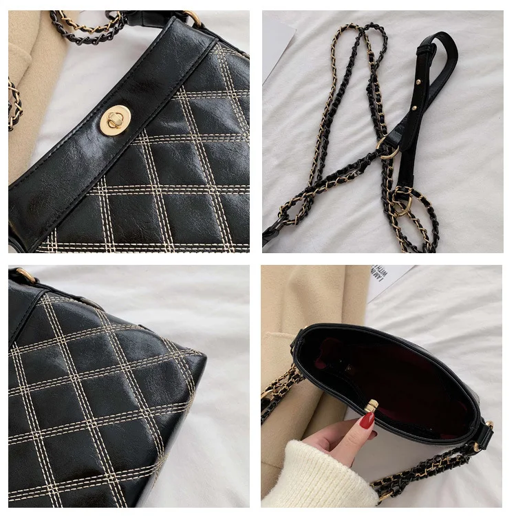 

2019 Winter New Style WOMEN'S Bag Casual Bucket Bag Solid Color Korean-style Car Suture Shoulder Lock Square Bag