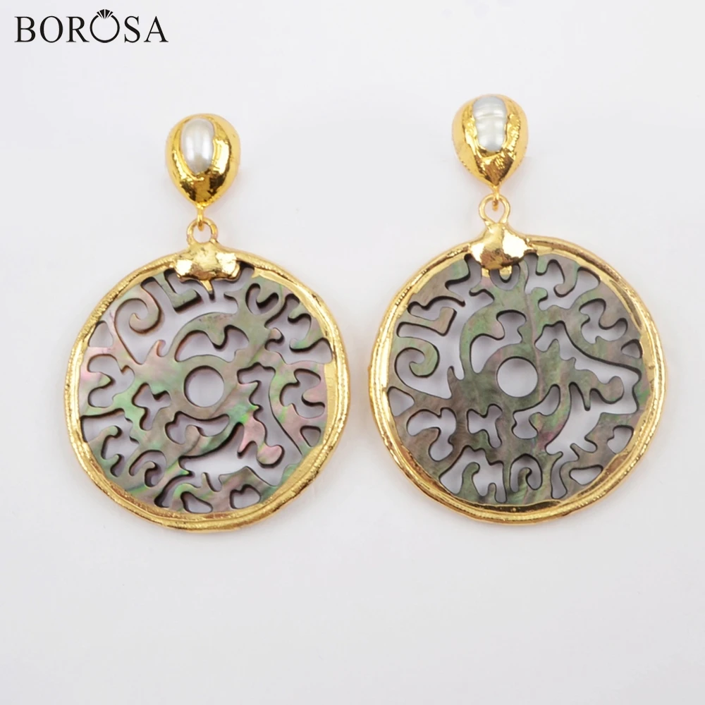 BOROSA 5 пар Золотой Гальванизированный резные натуральные серьги с жемчугом из раковин Радужное покрытие перламутровые серьги-капельки ювелирные изделия G1907-E