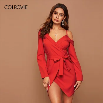 

COLROVIE Bright Red Asymmetrical Neck Belted Wrap Dress Women Solid Long Sleeve Mini Dress 2020 Spring Sexy High Waist Dresses