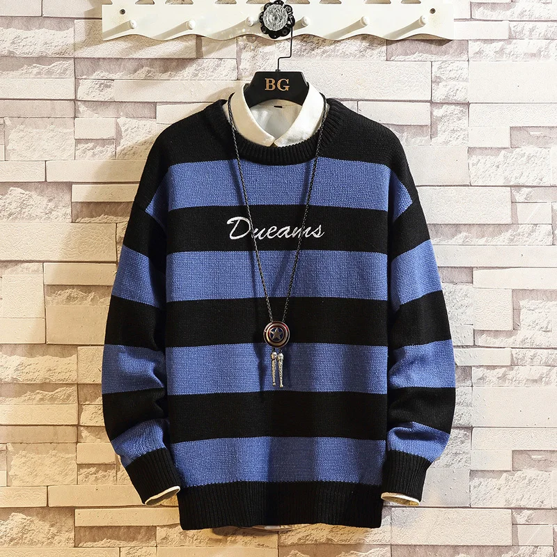 

High Quality Men'S Knitted Sweater Autumn Winter Brand Striped Pullovers Knitwear 2020 Oversize