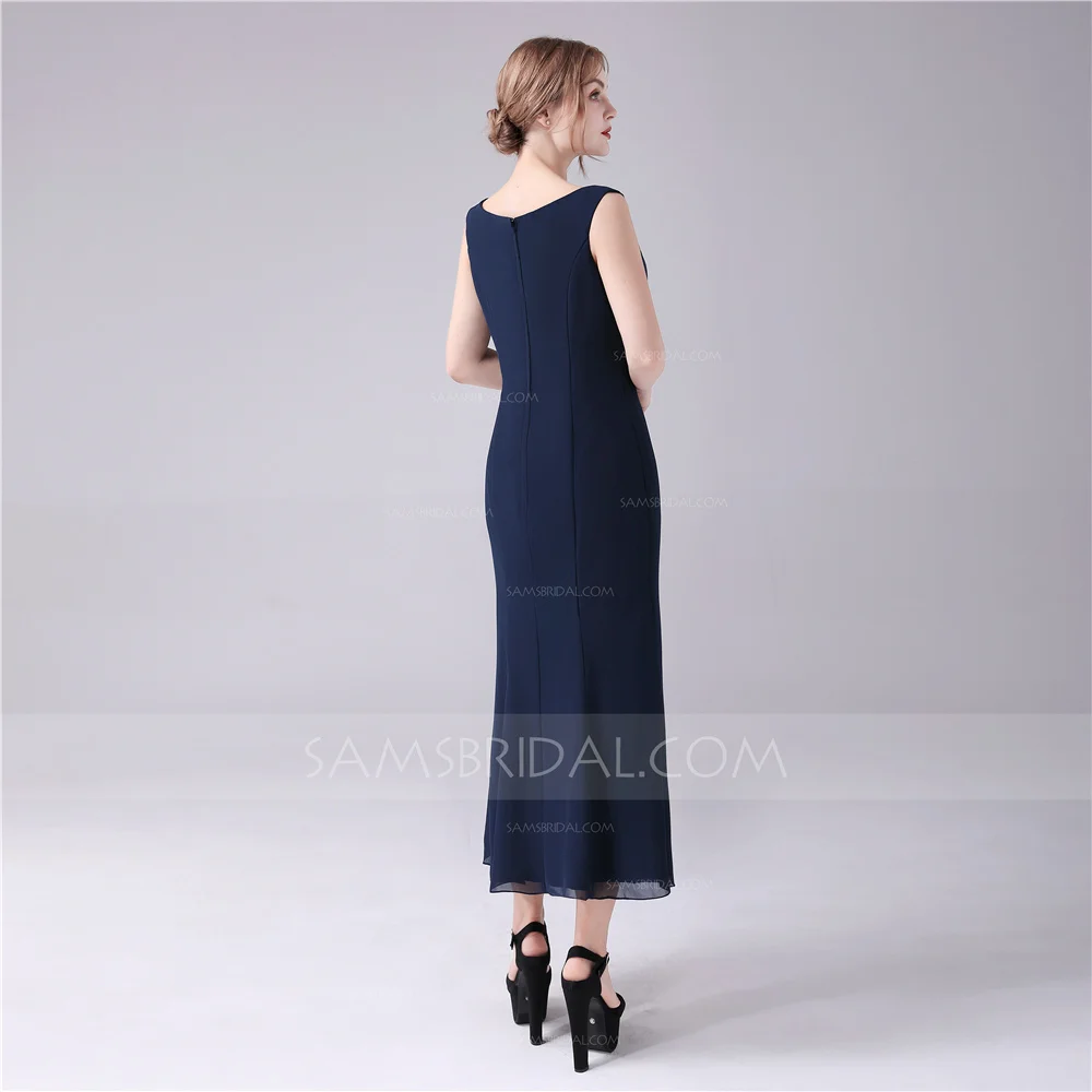 Sheath / Column Jewel Tea-length Chiffon Evening Dress with Sequined