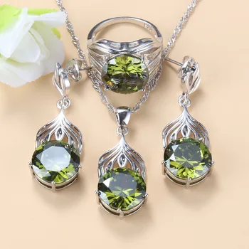 

Round Jewelry Sets For Women Fashion Accessories 925 Silver Olive Green Cubic Zirconia Women Costume 3-Piece Sets Free Gift Box