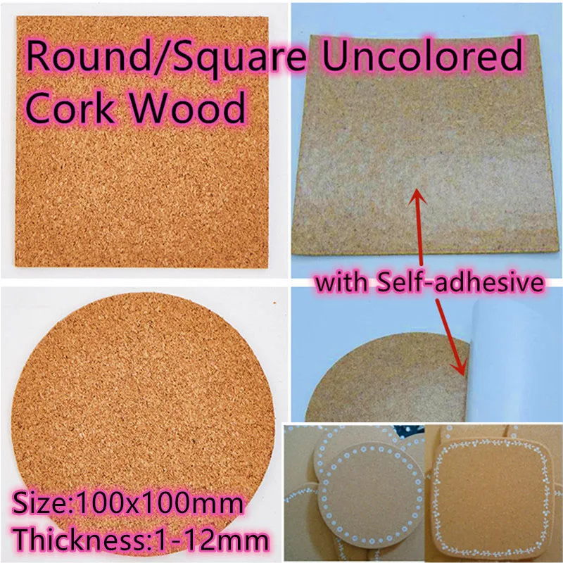 

10pcs Self-adhesive 10x10cm Round Square Mat Uncolored Cork Wood Message Board Wooden Pad Non-slip Coaster Wallpaper Soft Wood