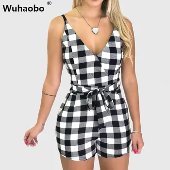 

Wuhaobo Elegant Red White Plaid Jumpsuit Rompers 2020 Summer Sexy Strap Belt Lace Up Women Casual Playsuits