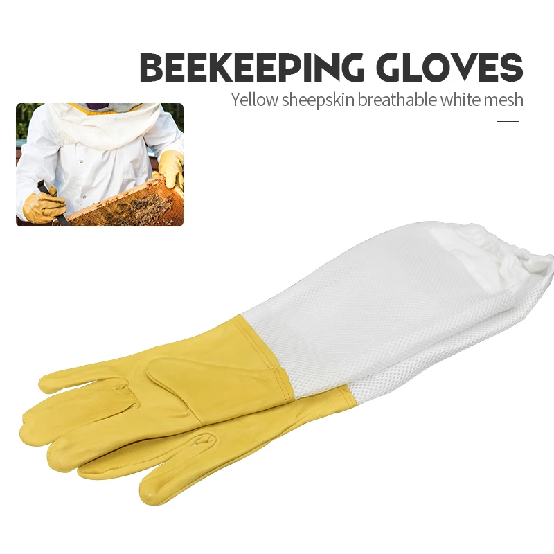 

Brand Yellow Sheepskin Breathable White Mesh Bee Glove Ventilated Professional Anti Bee for Apiculture Beekeeper Beehive Beekeep
