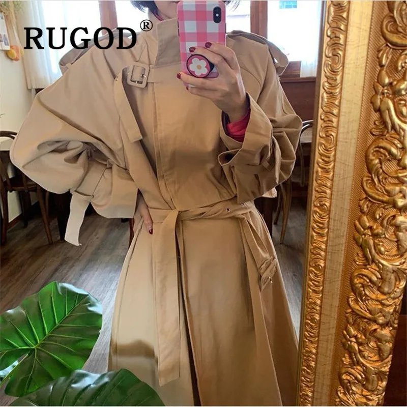 Женский винтажный Тренч RUGOD однотонный длинный с поясом и присборенной талией