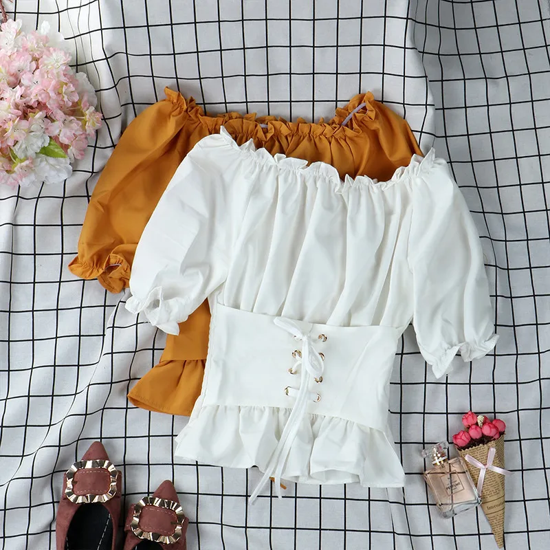 

Korea Chiffon Blouse Women 2021 Summer New Chic Puff Sleeve Slash Neck Shirt Ladies Slim Bandage Short Sleeve Ruffles Blouses