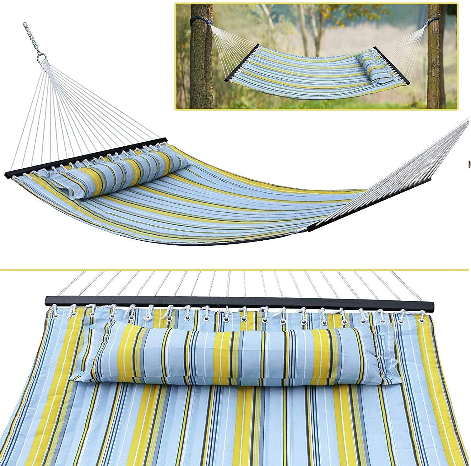 2 Person Hammock Swing, Lengthen and Thicken Quilted Fabric Outdoor Hammock with Spreader Bars Heavy Duty 450 Pound Capacity