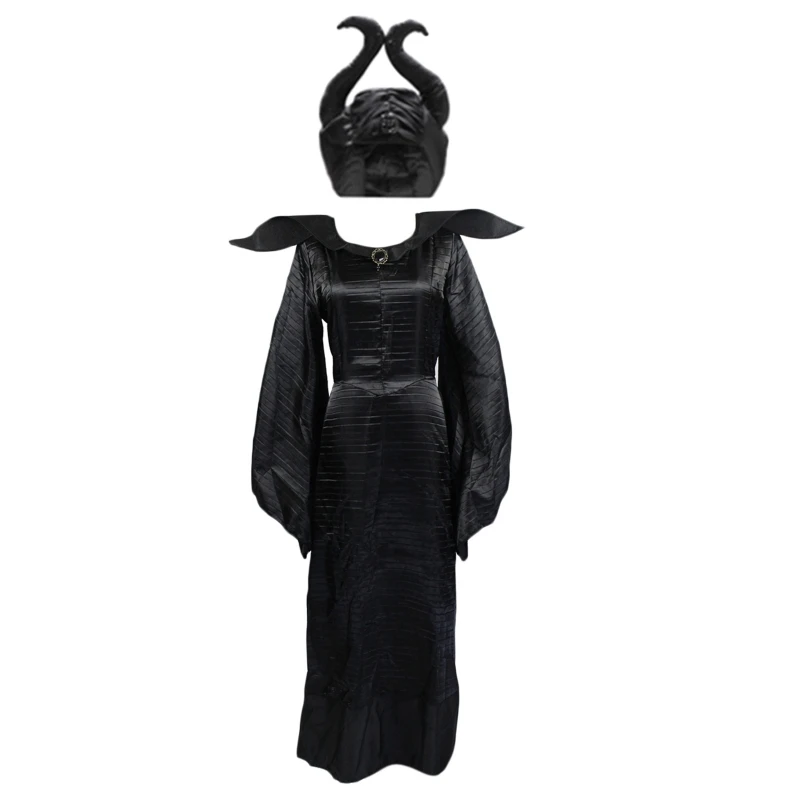 Women Plus Size Halloween Movie Deluxe Black Long Gown Evil Queen Witch Dress Cosplay Party Costume with Horn Hat Headpiece