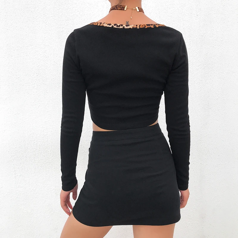 IAMSURE 2020 Autumn Streetwear Fashion Long Sleeve Women Cardigan Blouses Cheetah Patchwork Fitness y2k Female Cropped Shirt