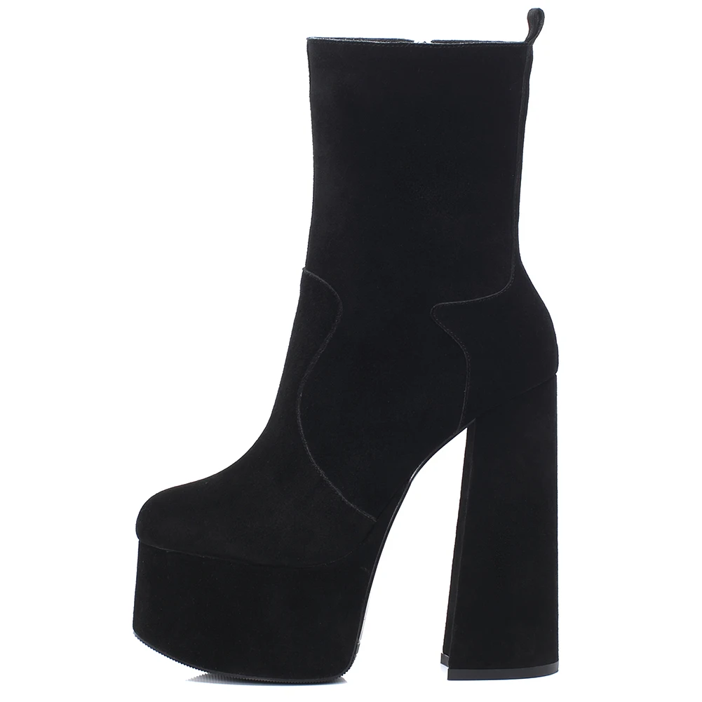 RIBETRINI Brand Design Platform Boots For Women Genuine Leather Shoes Woman Thick Heel Round Toe Platform Mid Calf Boots Women