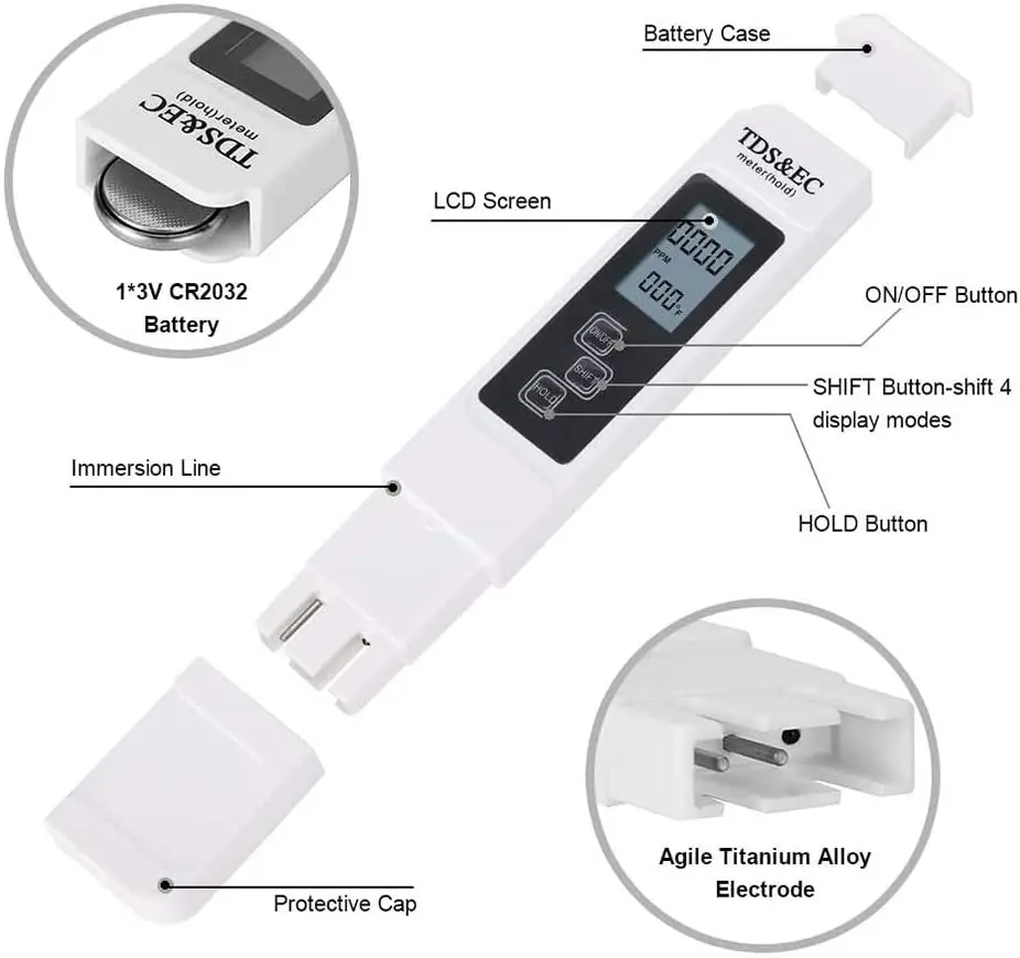 Water Tester Digital Water Quality TDS EC Meter Range 0-9990 Multifunctional Purity Temperature TEMP PPM Tester