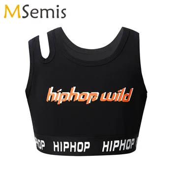 

Kids Girls Jazz Hip Hop Dance Top Asymmetrical Shoulder Straps Letters Printed Slim Fit Tank Tops for Hip Hop Dance Performance