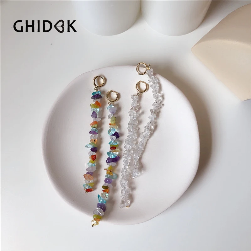 

GHIDBK Boho Colorful Long Tassel Hoop Earrings Women Pure Irregular Natural Raw Crystal Hoops Wholesale Summer Aros de Moda 2019
