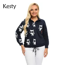 

KESTY Women's Plus Size Spring Cotton Shirt Cartoon Pattern Long-Sleeved Loose Lapel Tie Pocket Single-Breasted Shirt