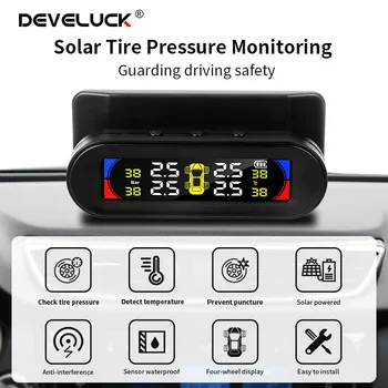 

Develuck TPMS Wireless Tire Pressure Temperature Alarm Monitoring System Solar Power Charge tpms Four Sensors Universal Car tpms