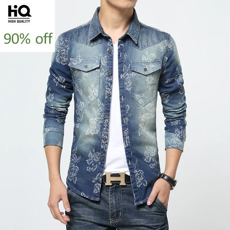 

Korean Style Men's Printing Shirt Turn Collar Denim Long-Sleeves Shirts Casual Mens Slim Dress Shirts Hawaiian Camisa Plus Size