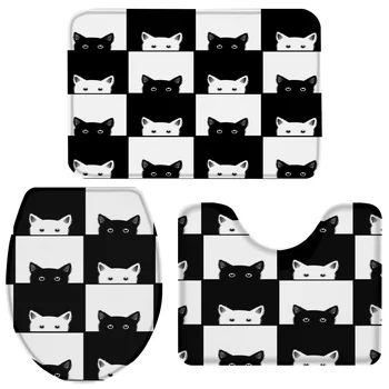 

3 Pieces Bathroom Set Geometic Black White Cat Bath Set Toilet Cover Mat Pedestal Rug Non-Slip Bathroom Rug Set