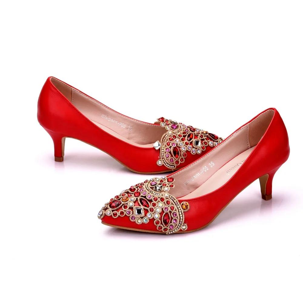 

Women Crystal High Heels Rhinestone Red Low Heel Wedding Shoes Bride Sexy Pointed Toe Women Pumps Sexy Stiletto Thin Heel Shoes