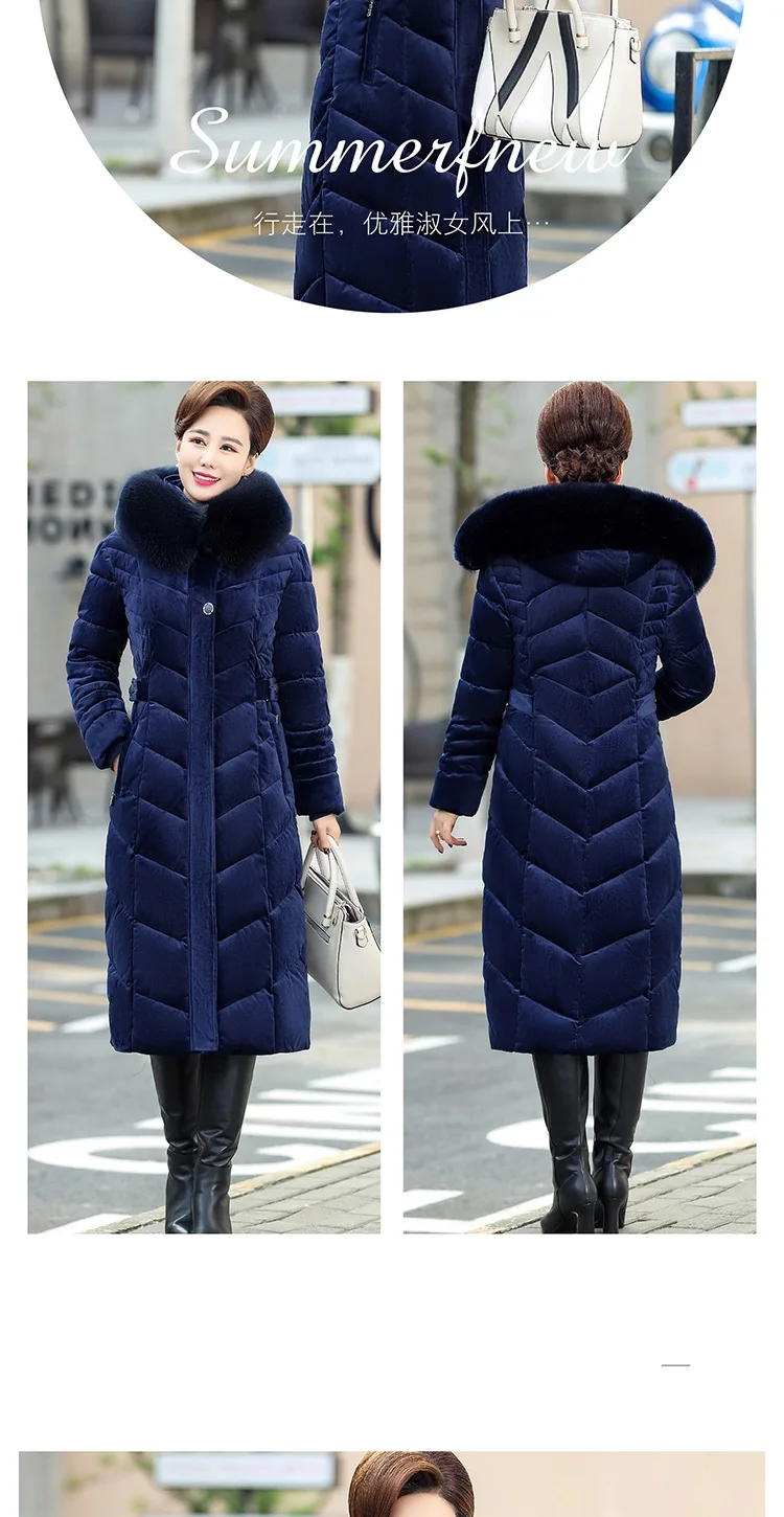 Зимняя Вельветовая куртка для мамы среднего возраста, со съемным меховым воротником, с капюшоном, тонкое пальто, большие размеры, теплые длинные женские парки