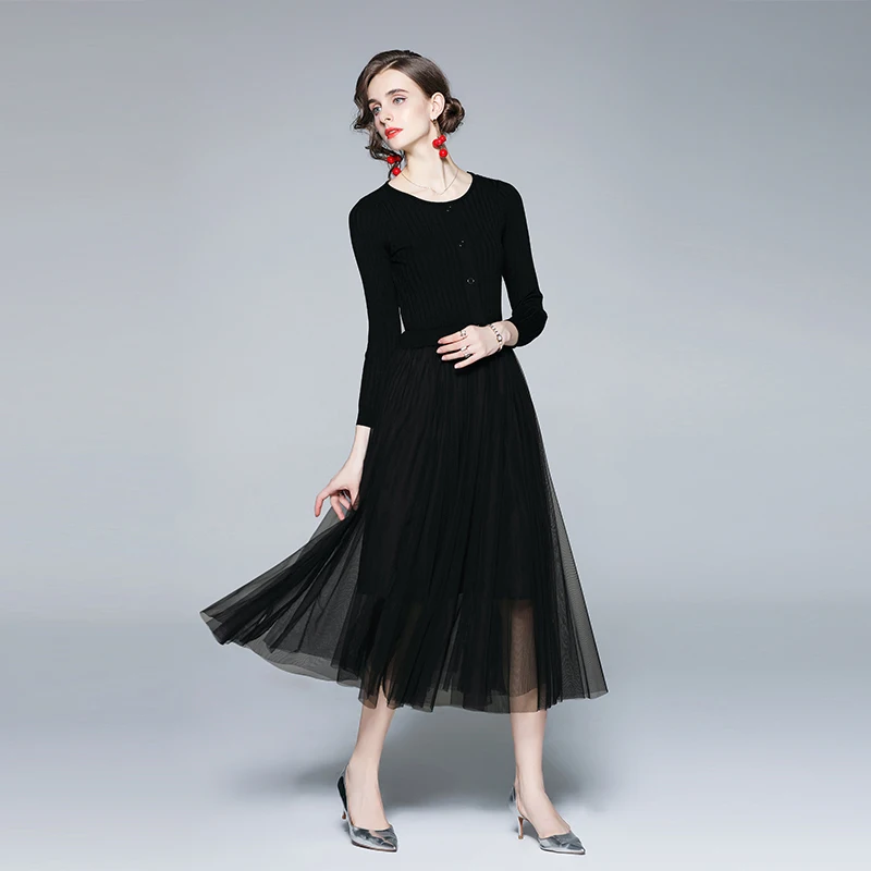 

2021 New Women Dresses Office Lady A-LINE Patchwork Mid-Calf Women Autumn Dresses Knitting Cotton O-Neck Women Elegant Dresses